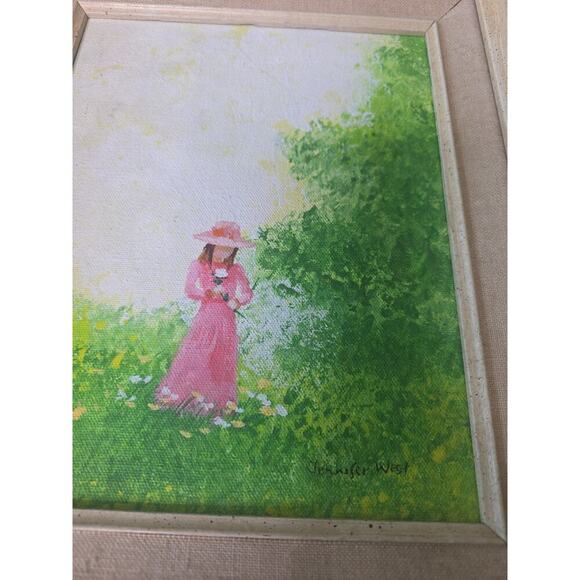 VTG Oil Painting Woman in Pink Dress in Garden Scene Signed Jennifer West 13x15 - Picture 10 of 16